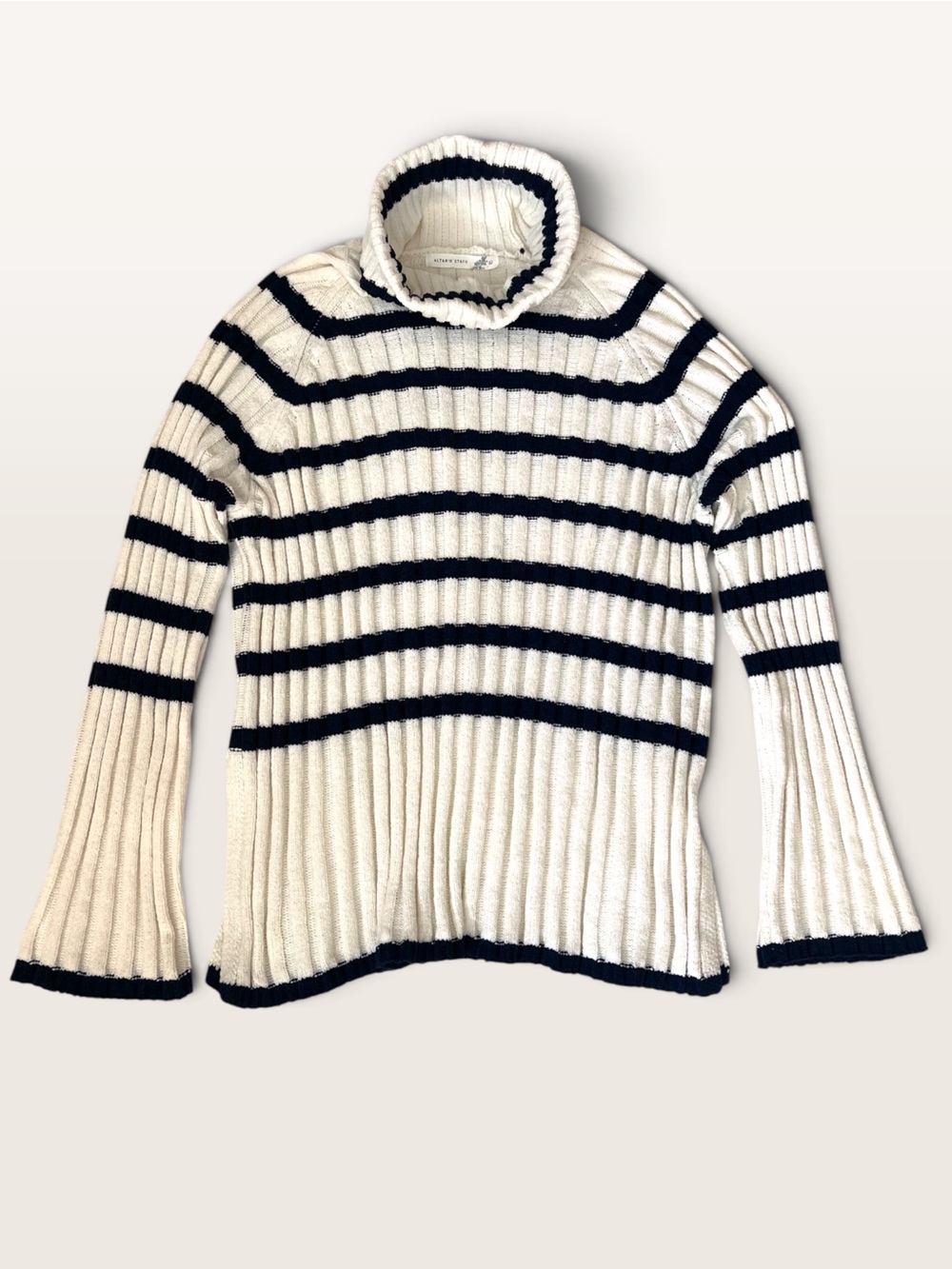 Altar'd State Navy Blue & Cream Striped Turtleneck Sweater